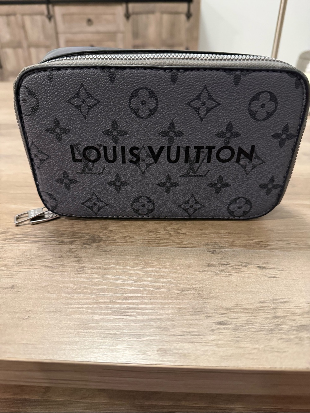 NWOT Source Unknown Gray Monogram Toiletry Pouch w crossbody strap